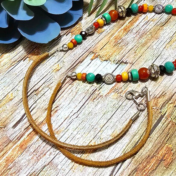 Artisan Hand Crafted Necklace Painted Horses Brown Suede Cord Colorful Beaded - Picture 9 of 12